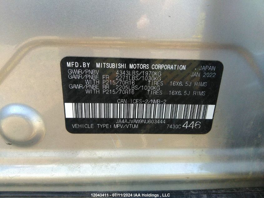 2022 Mitsubishi Rvr VIN: JA4AJVAW9NU603444 Lot: 12043411