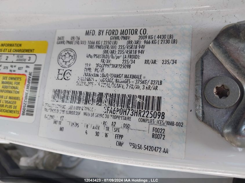 2017 Ford Fusion Se VIN: 3FA6P0H73HR225098 Lot: 12043423