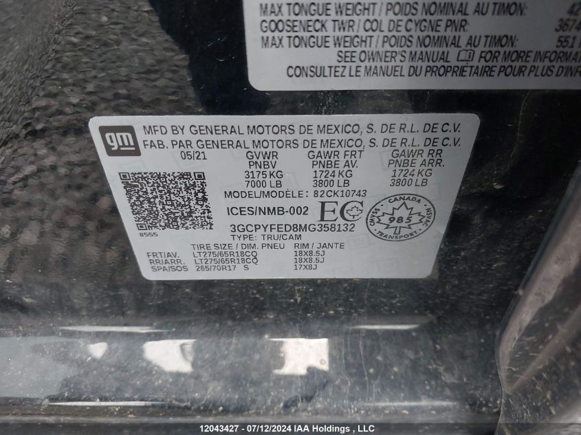 2021 Chevrolet Silverado 1500 VIN: 3GCPYFED8MG358132 Lot: 12043427