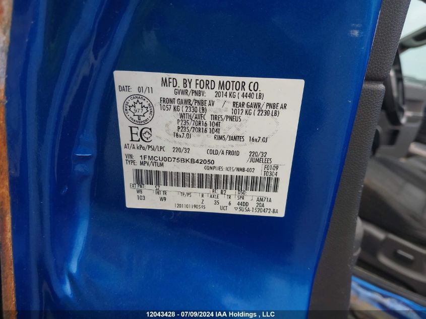 2011 Ford Escape Xlt Automatic VIN: 1FMCU0D75BKB42050 Lot: 12043428