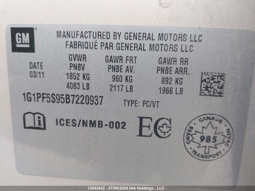 2011 Chevrolet Cruze VIN: 1G1PF5S95B7220937 Lot: 12043432