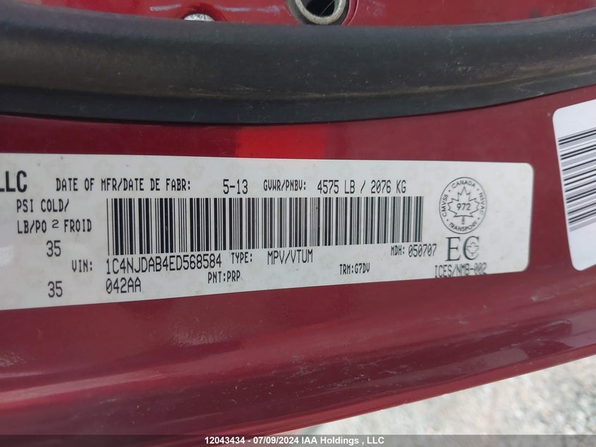 2014 Jeep Compass Sport/North VIN: 1C4NJDAB4ED568584 Lot: 12043434