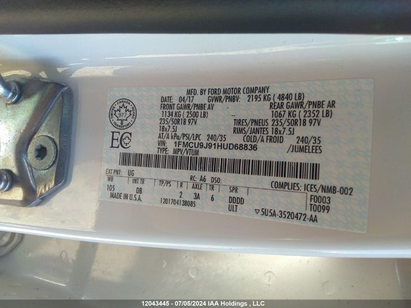 2017 Ford Escape Titanium VIN: 1FMCU9J91HUD68836 Lot: 12043445