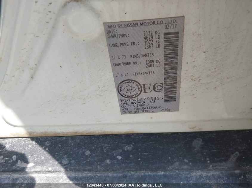 2017 Nissan Rogue VIN: 5N1AT2MV7HC795955 Lot: 12043448