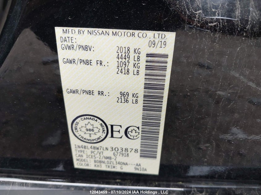 2020 Nissan Altima VIN: 1N4BL4BW7LN303878 Lot: 12043459