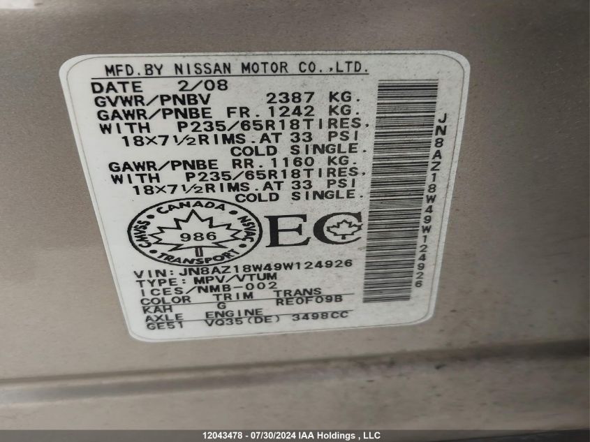 2009 Nissan Murano Sl VIN: JN8AZ18W49W124926 Lot: 12043478