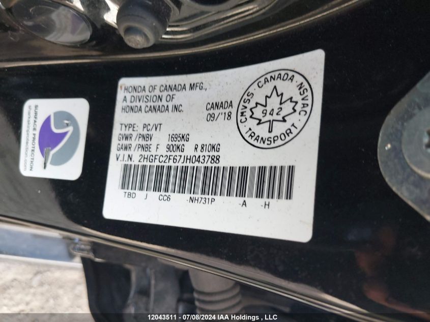 2018 Honda Civic Lx VIN: 2HGFC2F67JH043788 Lot: 12043511