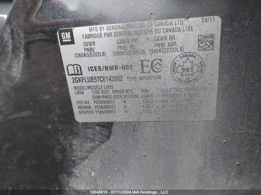 2012 GMC Terrain Slt VIN: 2GKFLUE57C6143802 Lot: 12043515