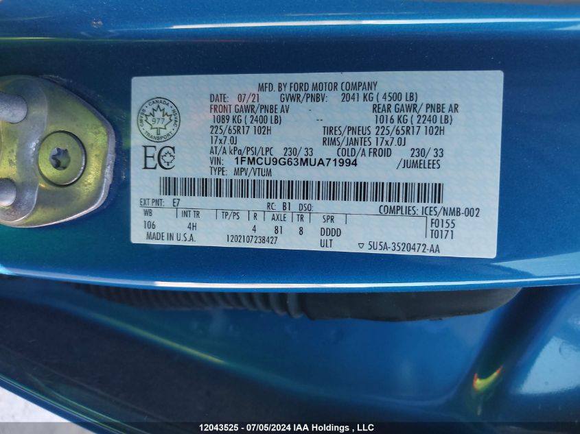 2021 Ford Escape Se VIN: 1FMCU9G63MUA71994 Lot: 12043525