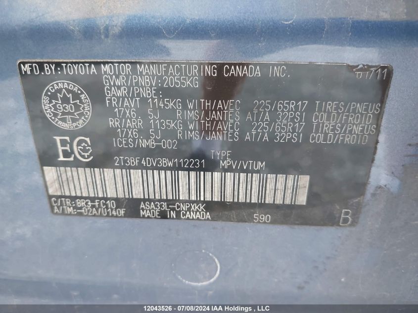 2011 Toyota Rav4 VIN: 2T3BF4DV3BW112231 Lot: 12043526