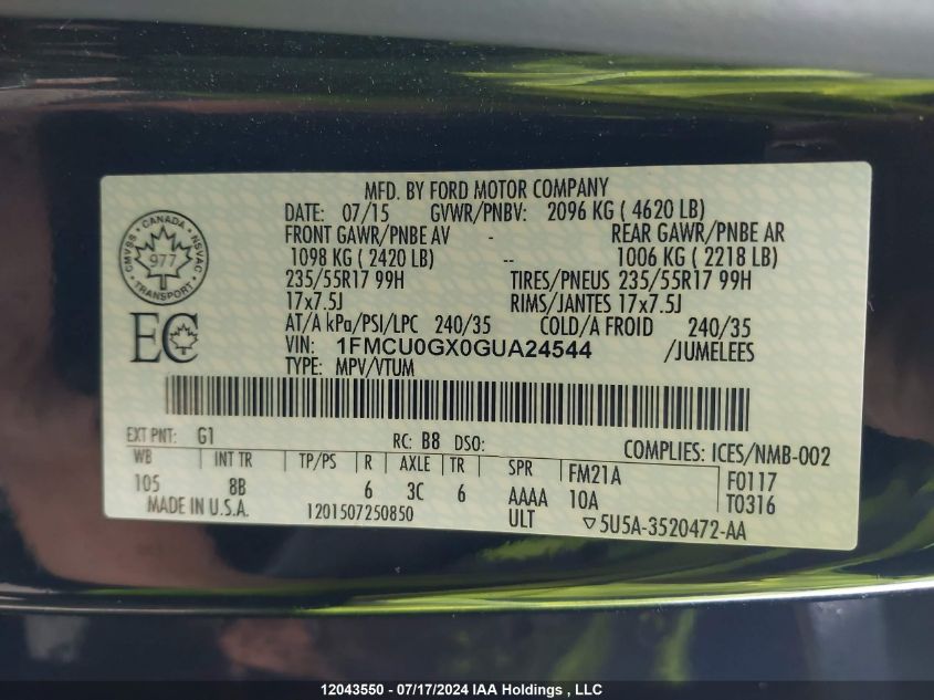 2016 Ford Escape Se VIN: 1FMCU0GX0GUA24544 Lot: 12043550