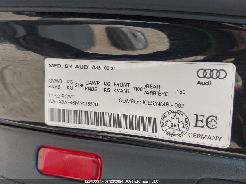 2021 Audi A4 Sedan VIN: WAUABAF46MN015526 Lot: 12043551