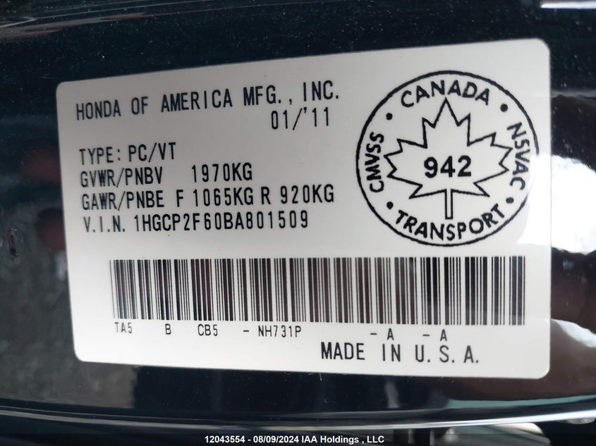 2011 Honda Accord Sedan VIN: 1HGCP2F60BA801509 Lot: 12043554