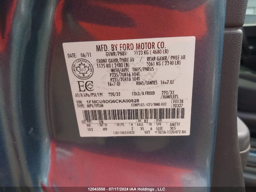 2012 Ford Escape Xlt VIN: 1FMCU9DG6CKA00828 Lot: 12043558