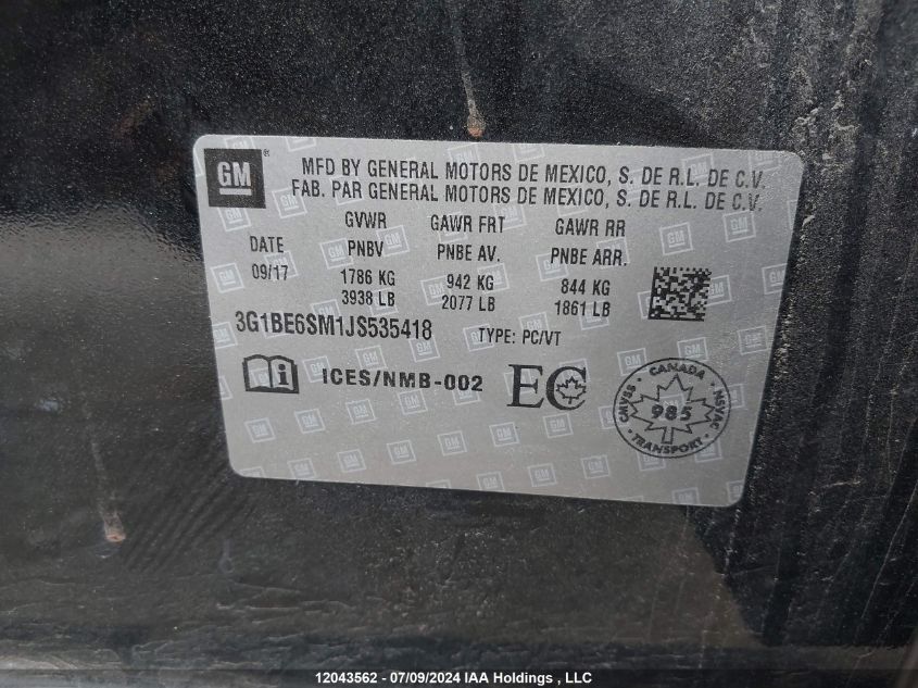 2018 Chevrolet Cruze Lt VIN: 3G1BE6SM1JS535418 Lot: 12043562