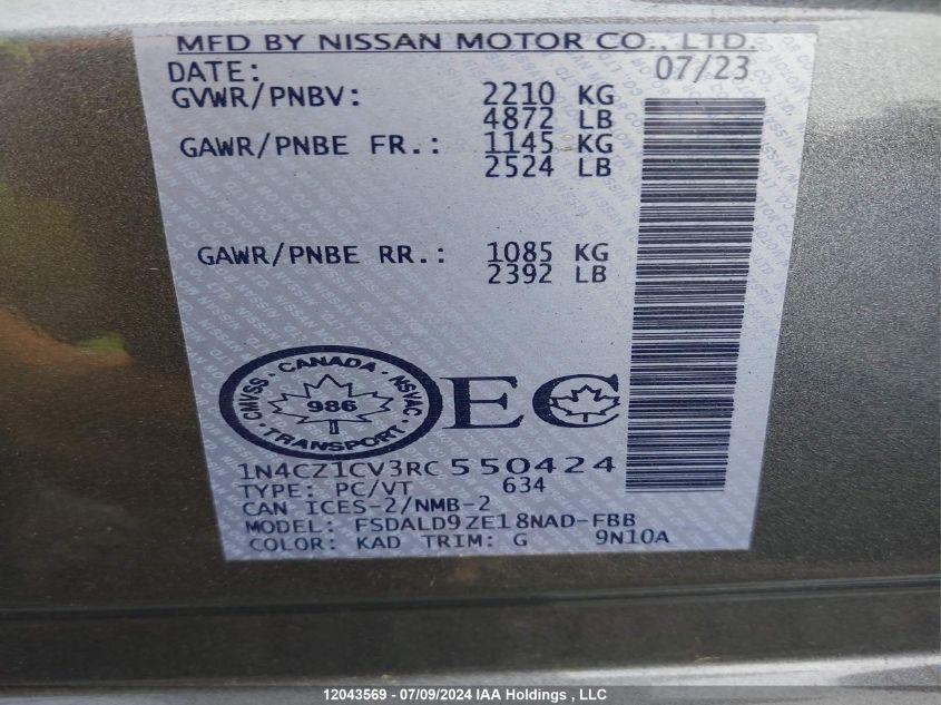 2024 Nissan Leaf Sv Plus VIN: 1N4CZ1CV3RC550424 Lot: 12043569