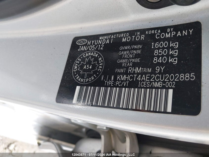 2012 Hyundai Accent Gl VIN: KMHCT4AE2CU202885 Lot: 12043571