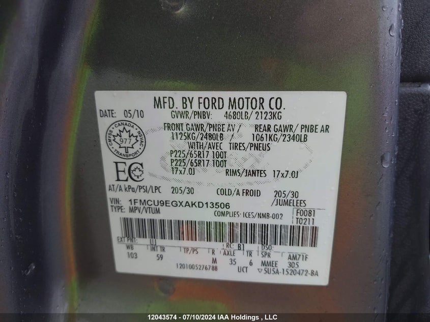 2010 Ford Escape Limited VIN: 1FMCU9EGXAKD13506 Lot: 12043574