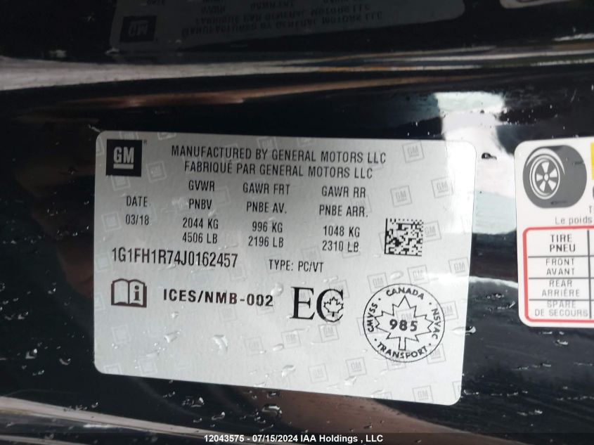 2018 Chevrolet Camaro VIN: 1G1FH1R74J0162457 Lot: 12043575