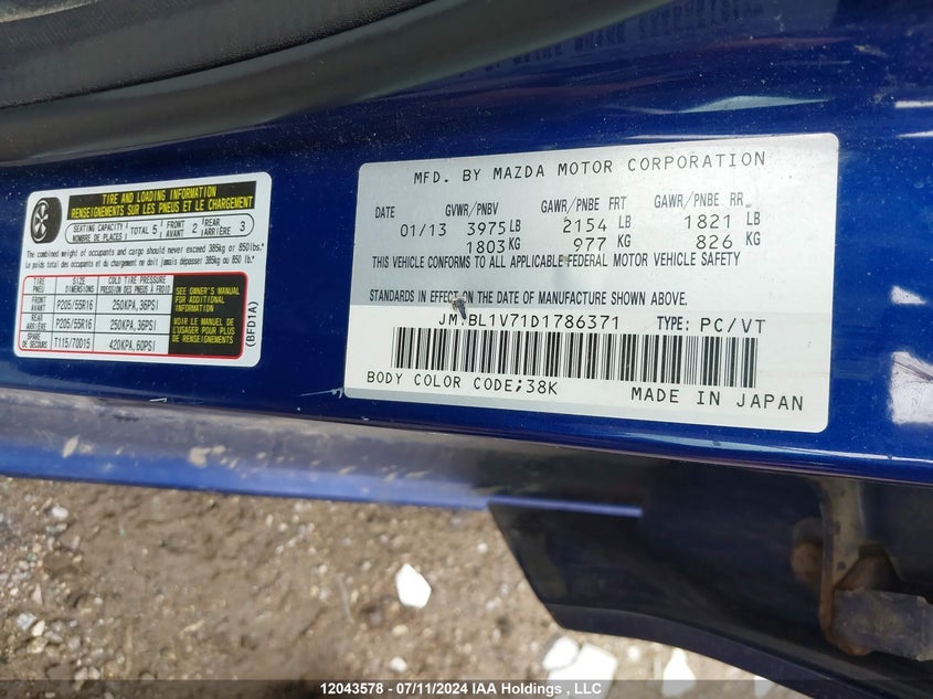 2013 Mazda Mazda3 VIN: JM1BL1V71D1786371 Lot: 12043578