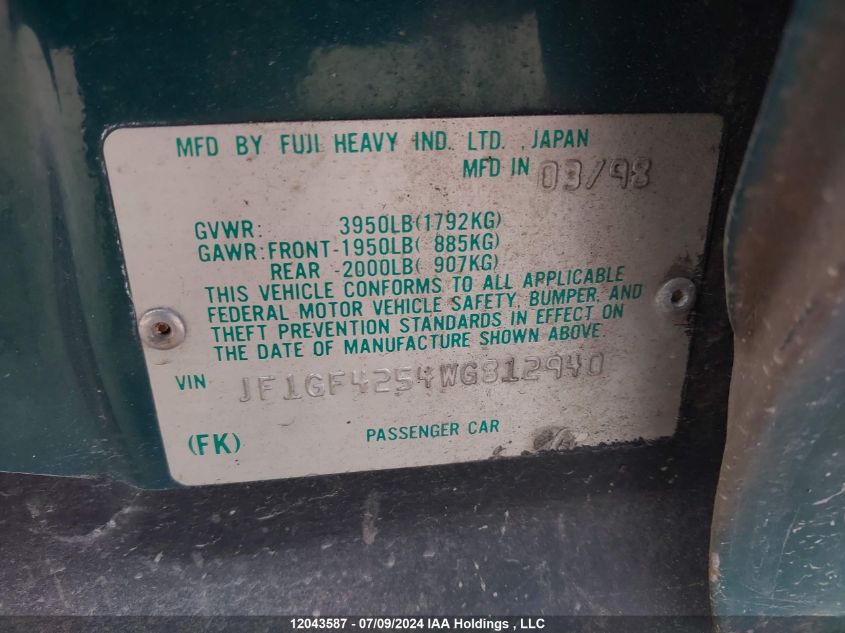 1998 Subaru Impreza Wagon VIN: JF1GF4254WG812940 Lot: 12043587