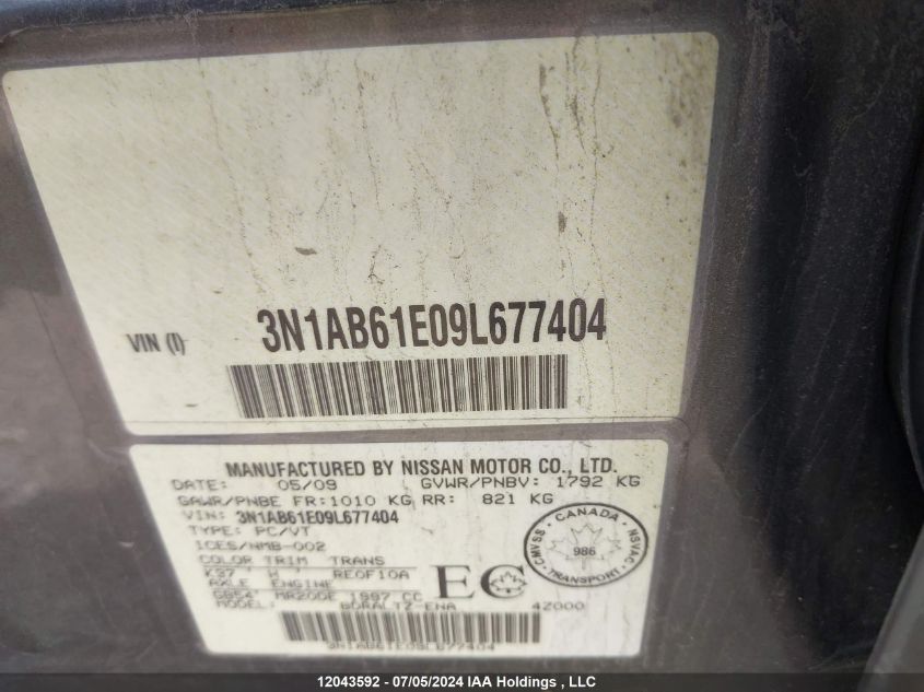 2009 Nissan Sentra 2.0/2.0S/2.0Sl VIN: 3N1AB61E09L677404 Lot: 12043592