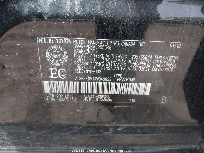 2010 Toyota Rav4 Sport VIN: 2T3RF4DV1AW049823 Lot: 12043634