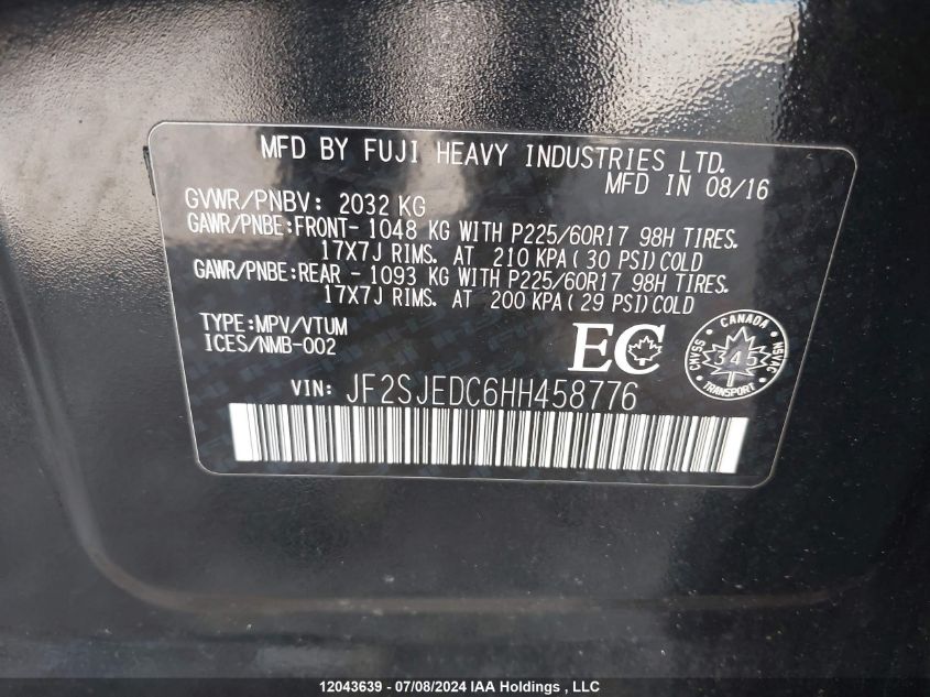 2017 Subaru Forester VIN: JF2SJEDC6HH458776 Lot: 12043639