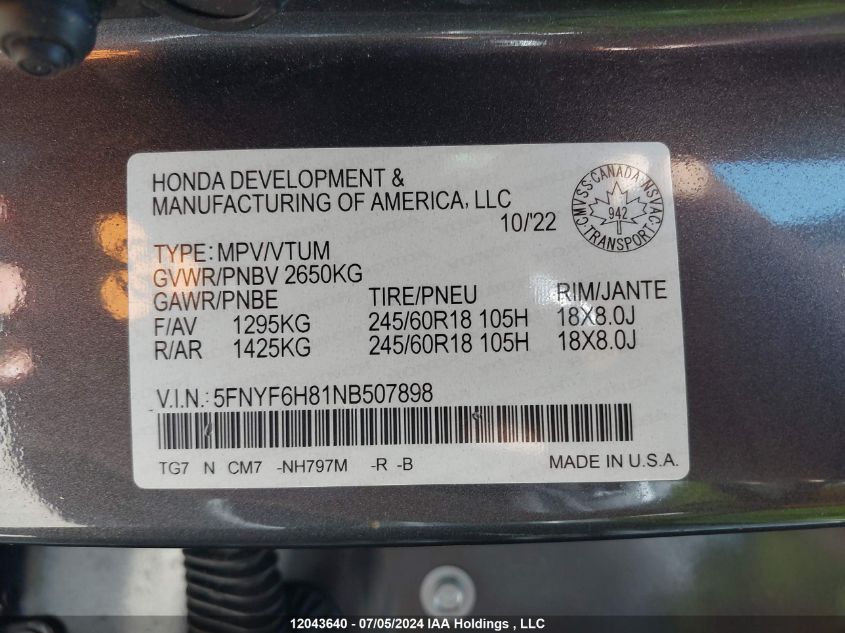 2022 Honda Pilot VIN: 5FNYF6H81NB507898 Lot: 12043640