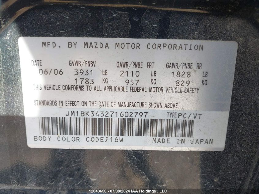 2007 Mazda Mazda3 VIN: JM1BK343271602797 Lot: 12043650