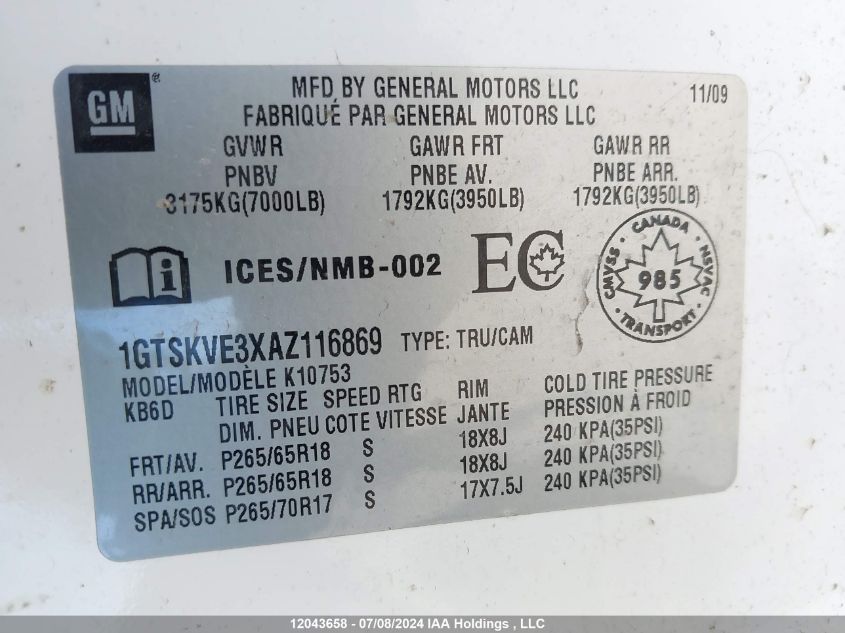 2010 GMC Sierra K1500 Sle VIN: 1GTSKVE3XAZ116869 Lot: 12043658