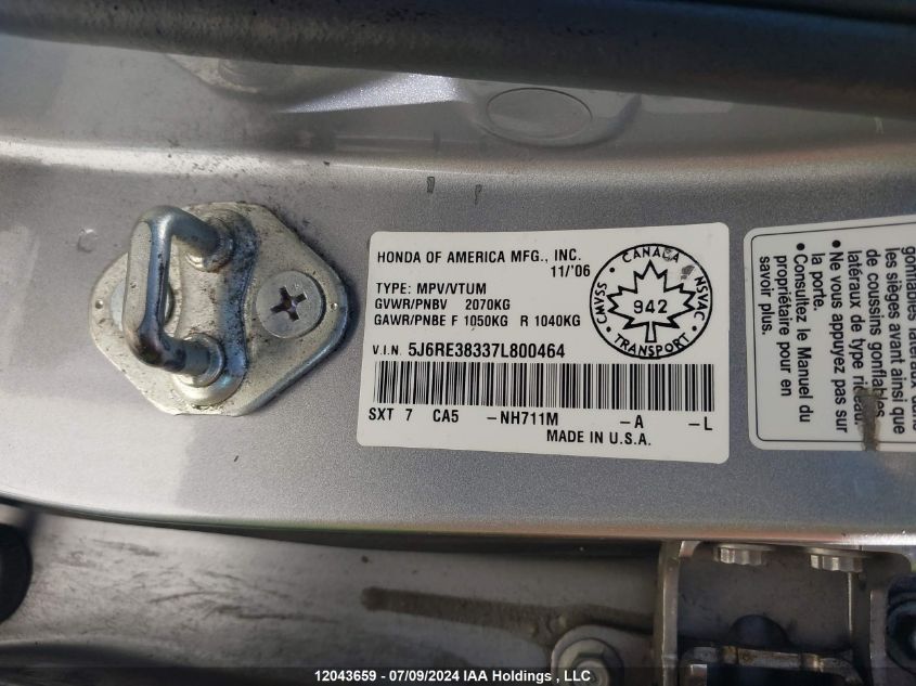 2007 Honda Cr-V Lx VIN: 5J6RE38337L800464 Lot: 12043659