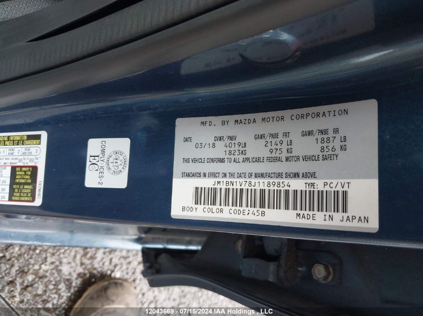 2018 Mazda Mazda3 VIN: JM1BN1V78J1189854 Lot: 12043669