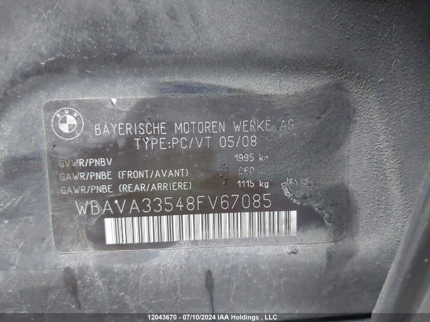 2008 BMW 3 Series VIN: WBAVA33548FV67085 Lot: 12043670