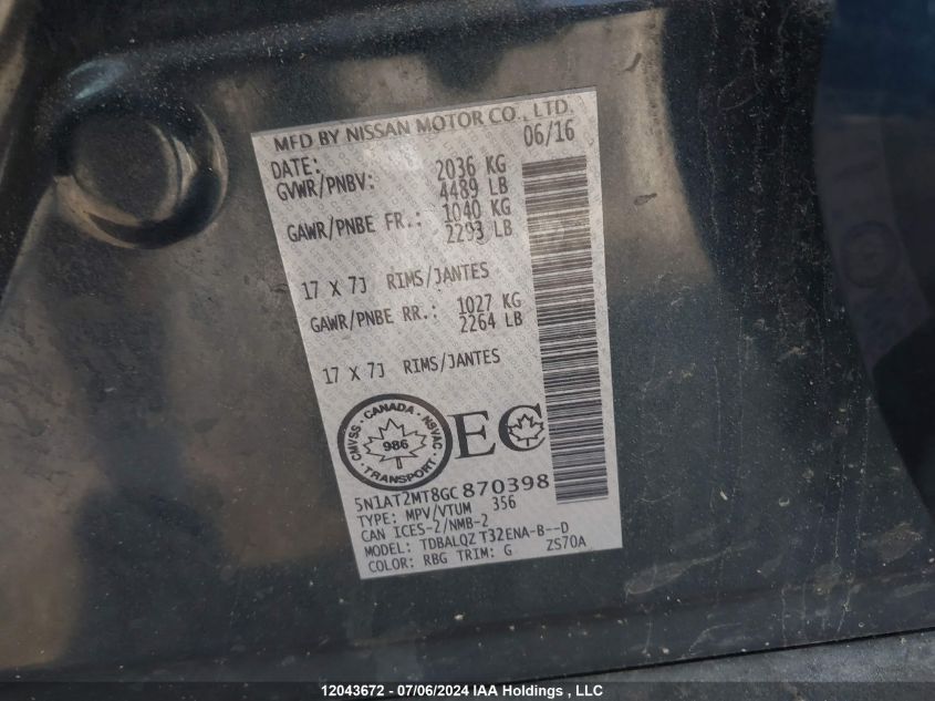 2016 Nissan Rogue VIN: 5N1AT2MT8GC870398 Lot: 12043672