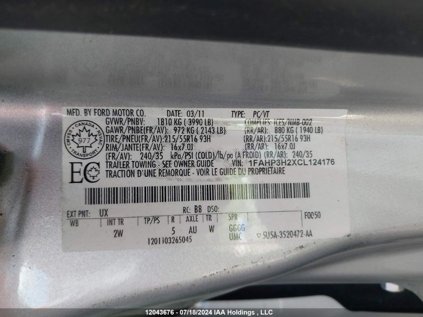 1FAHP3H2XCL124176 2012 Ford Focus Sel