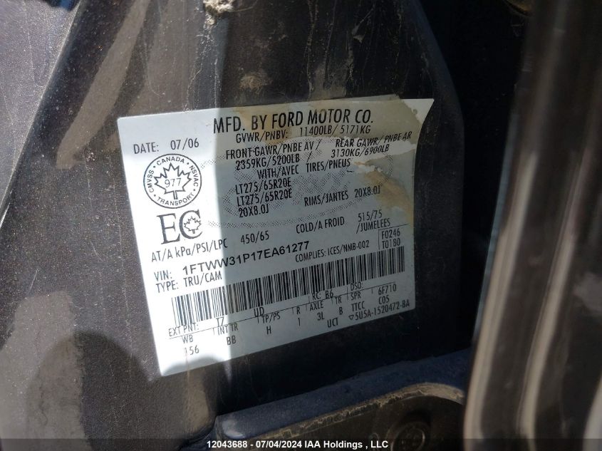 2007 Ford F350 Srw Super Duty VIN: 1FTWW31P17EA61277 Lot: 12043688