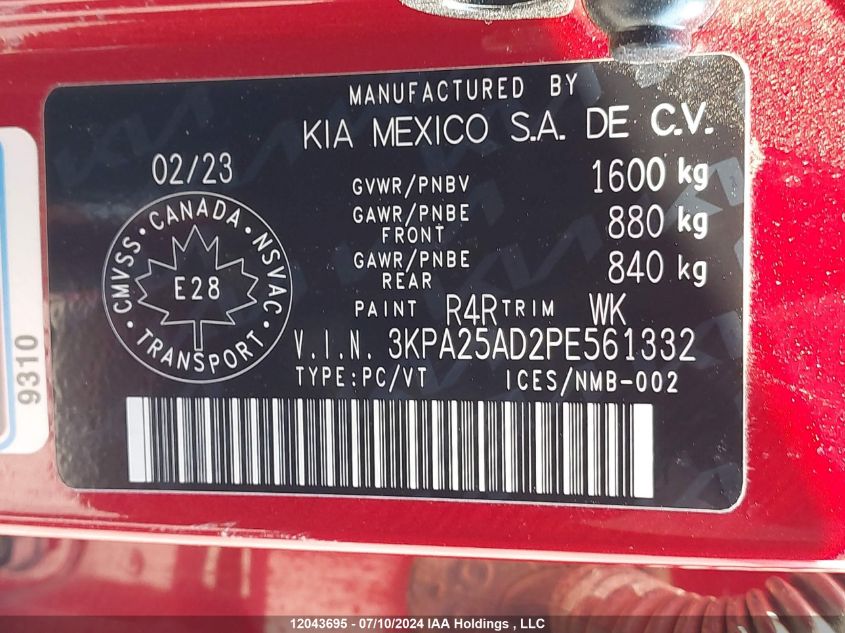 2023 Kia Rio 5-Door VIN: 3KPA25AD2PE561332 Lot: 12043695