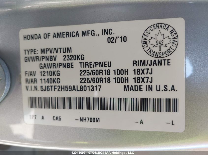 2010 Honda Accord Crosstour VIN: 5J6TF2H59AL801317 Lot: 12043699