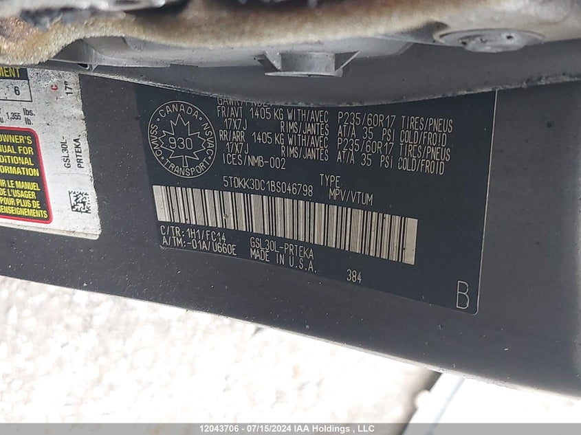 2011 Toyota Sienna Le 8 Passenger VIN: 5TDKK3DC1BS046798 Lot: 12043706