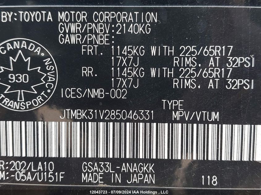 2008 Toyota Rav4 Limited VIN: JTMBK31V285046331 Lot: 12043723