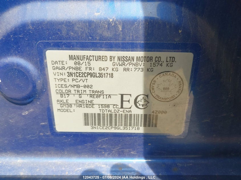 2016 Nissan Versa Note VIN: 3N1CE2CP9GL351718 Lot: 12043725