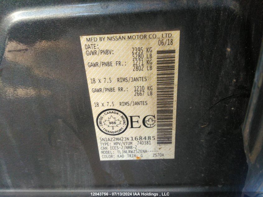 2018 Nissan Murano VIN: 5N1AZ2MH2JN168485 Lot: 12043756