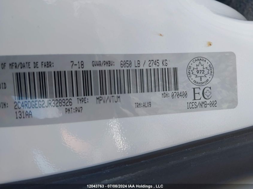 2018 Dodge Grand Caravan Gt VIN: 2C4RDGEG2JR328926 Lot: 12043763