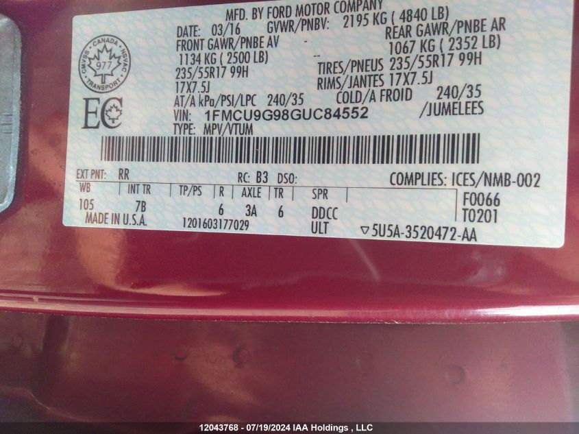 2016 Ford Escape Se VIN: 1FMCU9G98GUC84552 Lot: 12043768