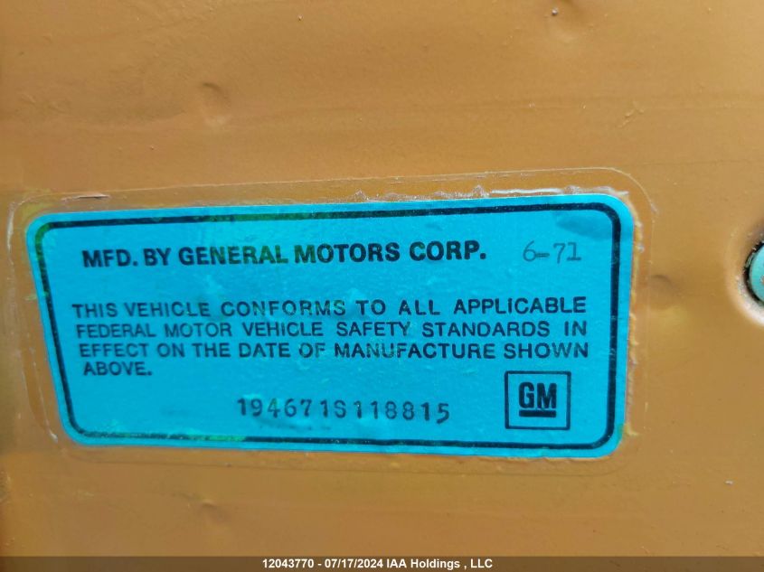 1971 Chevrolet Corvette VIN: 194671S118815 Lot: 12043770