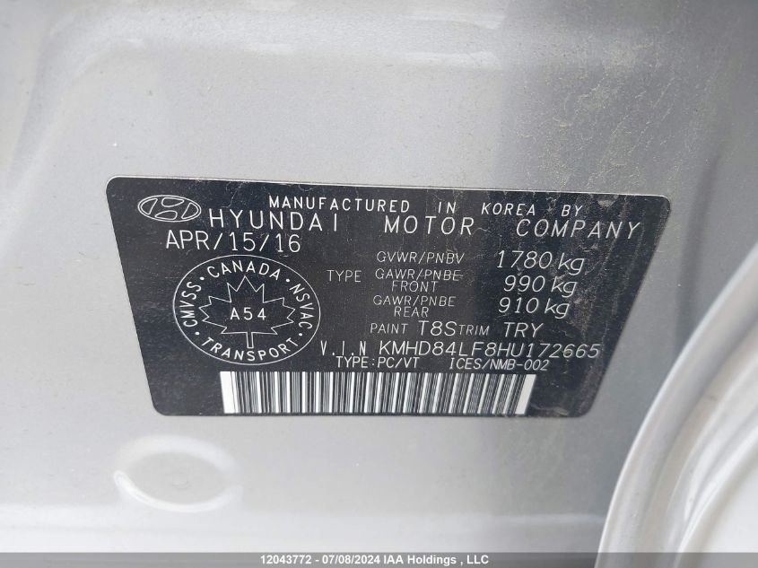 2017 Hyundai Elantra Se/Value/Limited VIN: KMHD84LF8HU172665 Lot: 12043772