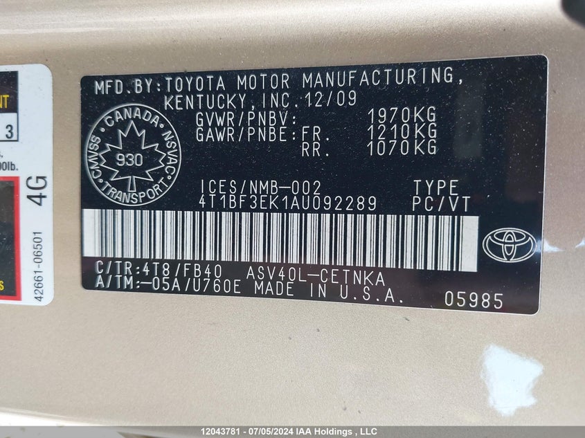 2010 Toyota Camry Se/Le/Xle VIN: 4T1BF3EK1AU092289 Lot: 12043781