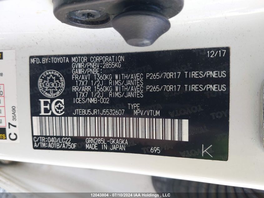 2018 Toyota 4Runner Sr5 VIN: JTEBU5JR1J5532607 Lot: 12043804