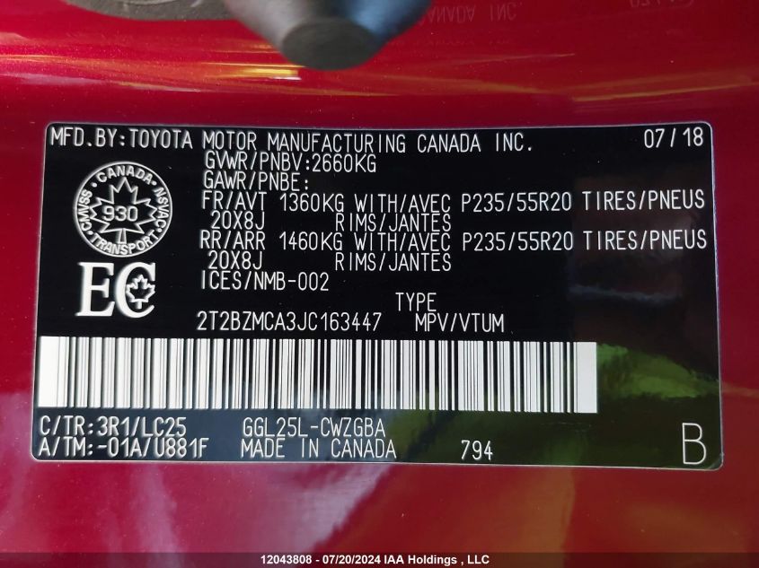 2018 Lexus Rx 350/Base/F Sport VIN: 2T2BZMCA3JC163447 Lot: 12043808